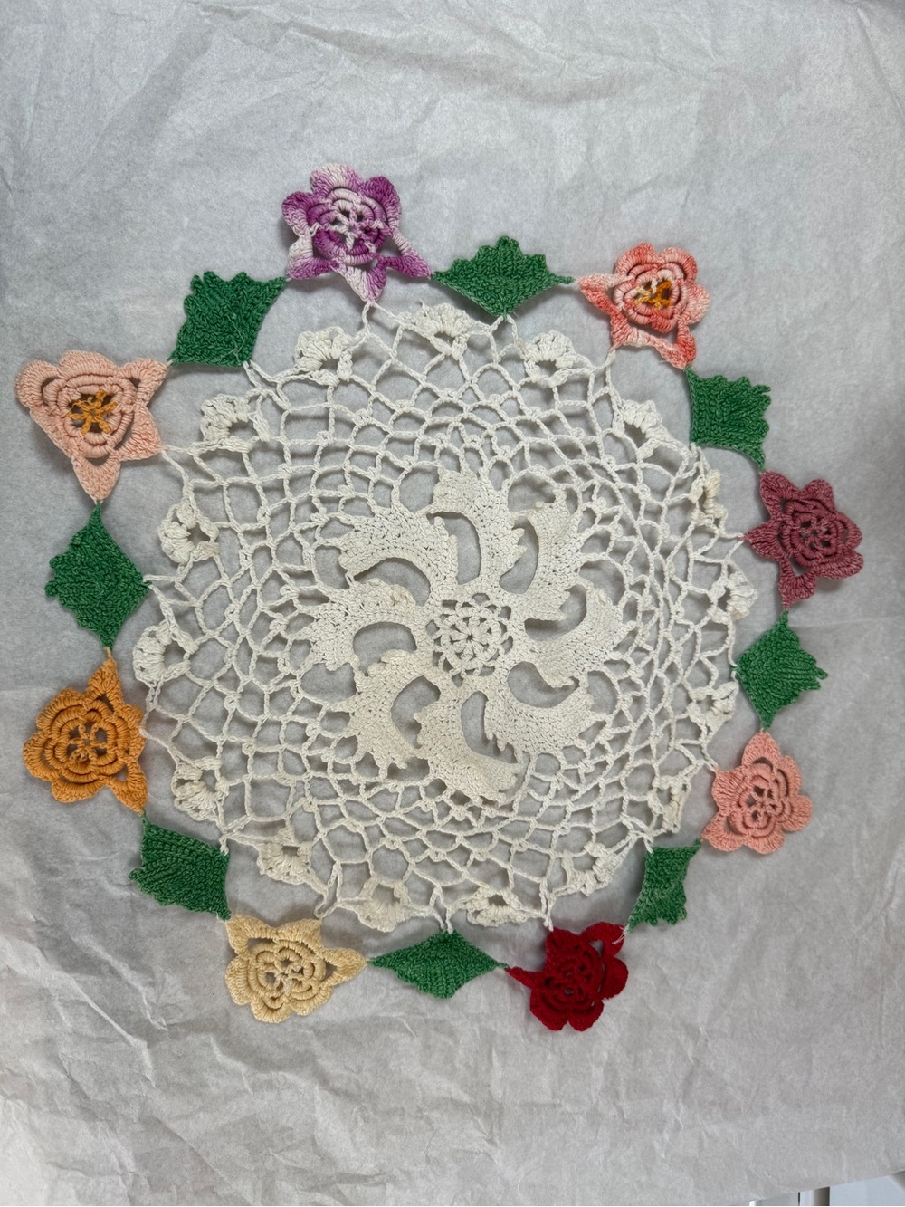 Hand-Crocheted Floral Doily in White with Multicolor Flowers